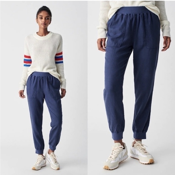 Faherty Pants - Faherty Brand Arlie Day Pants linen joggers blue lounge pull on elastic waist M